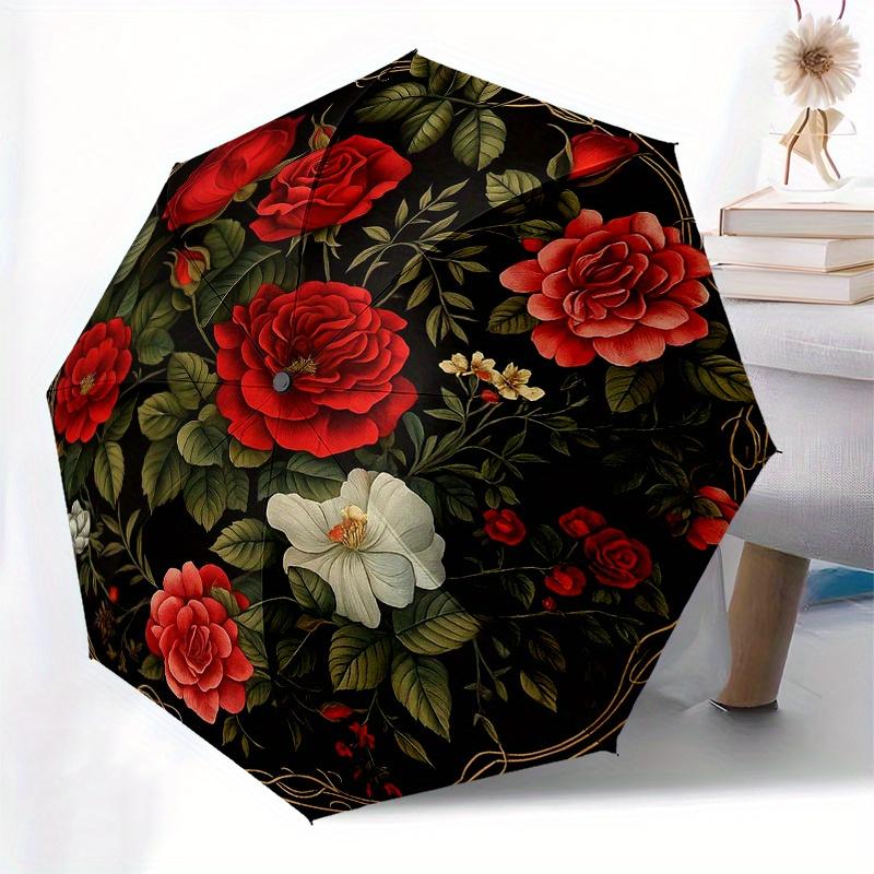 Elegant Floral Round Rug - Classic Rose Designfor Home DecorUmbrella, Portable 3-Fold Compact Umbrella for Men & Women Gift