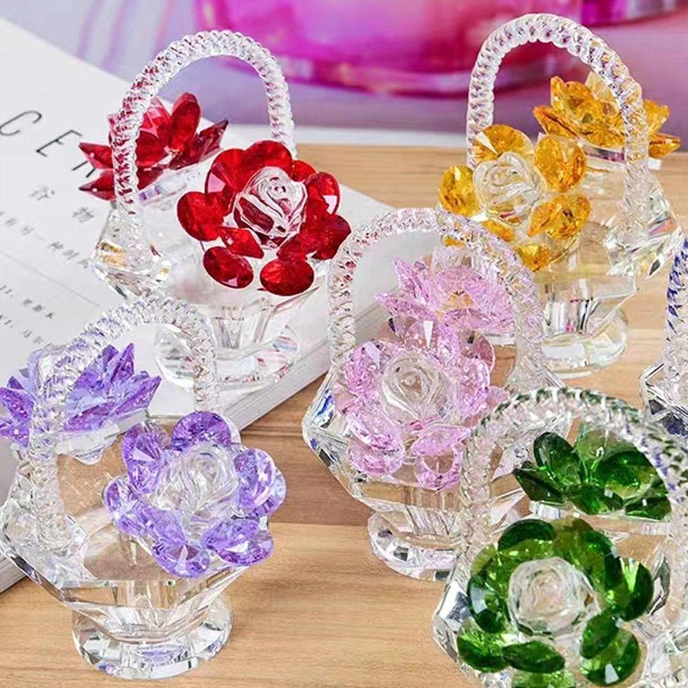 Beautiful Crystal Flower Basket Figurines Small Car Ornaments Office