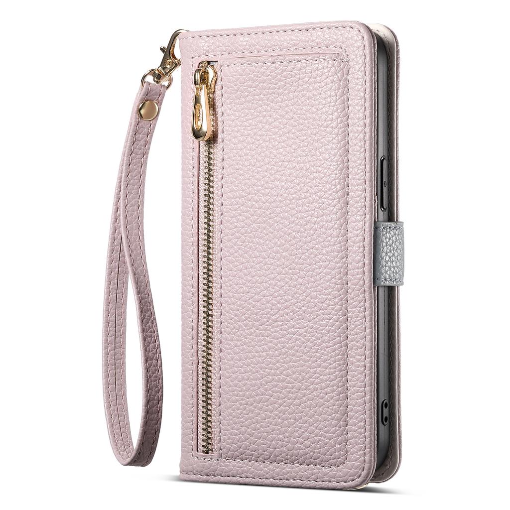 ESEBLE E11 For Samsung Galaxy S25 FE Case Zipper Pocket Litchi Texture Leather Phone Cover with Mirror and Wrist Strap