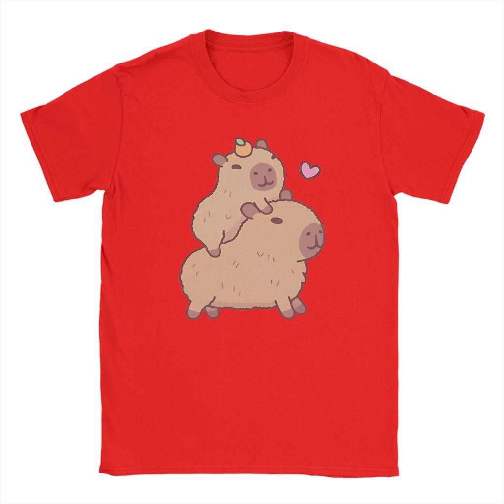 Vintage Cute Baby Capybara Hitching A Ride T-Shirts Men Round Neck 100% Cotton T Shirts  Short Sleeve Tees Plus Size Tops