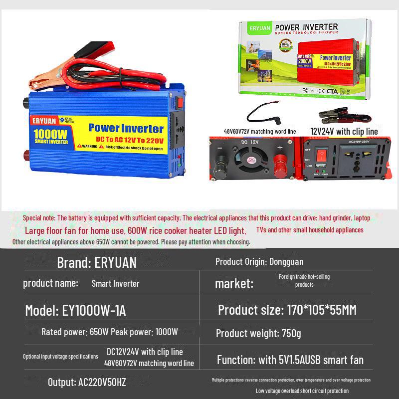 500W/1000W 12V/24V to 220V Solar Car Inverter with USB & Anti-Reverse Protection
