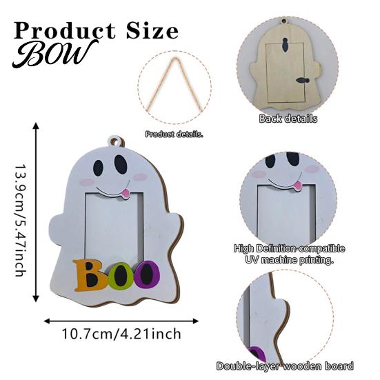 Family Photo Display Frame Halloween Cute Ghost Wooden with Hanging Rope, Creative Handcrafted Wood Holder Picture for Holiday Party Decor And