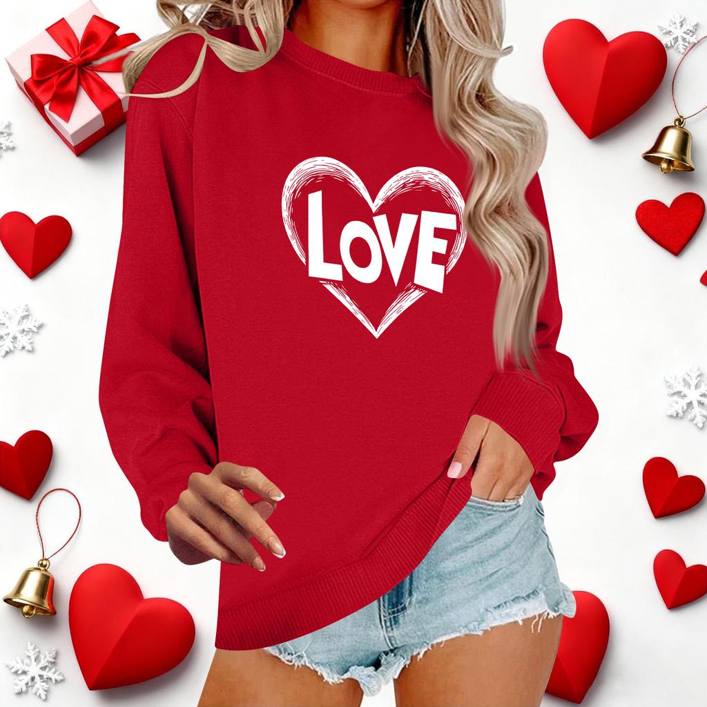 Haut décontracté à col rond et manches longues pour femme avec imprimé pour la Saint-Valentin