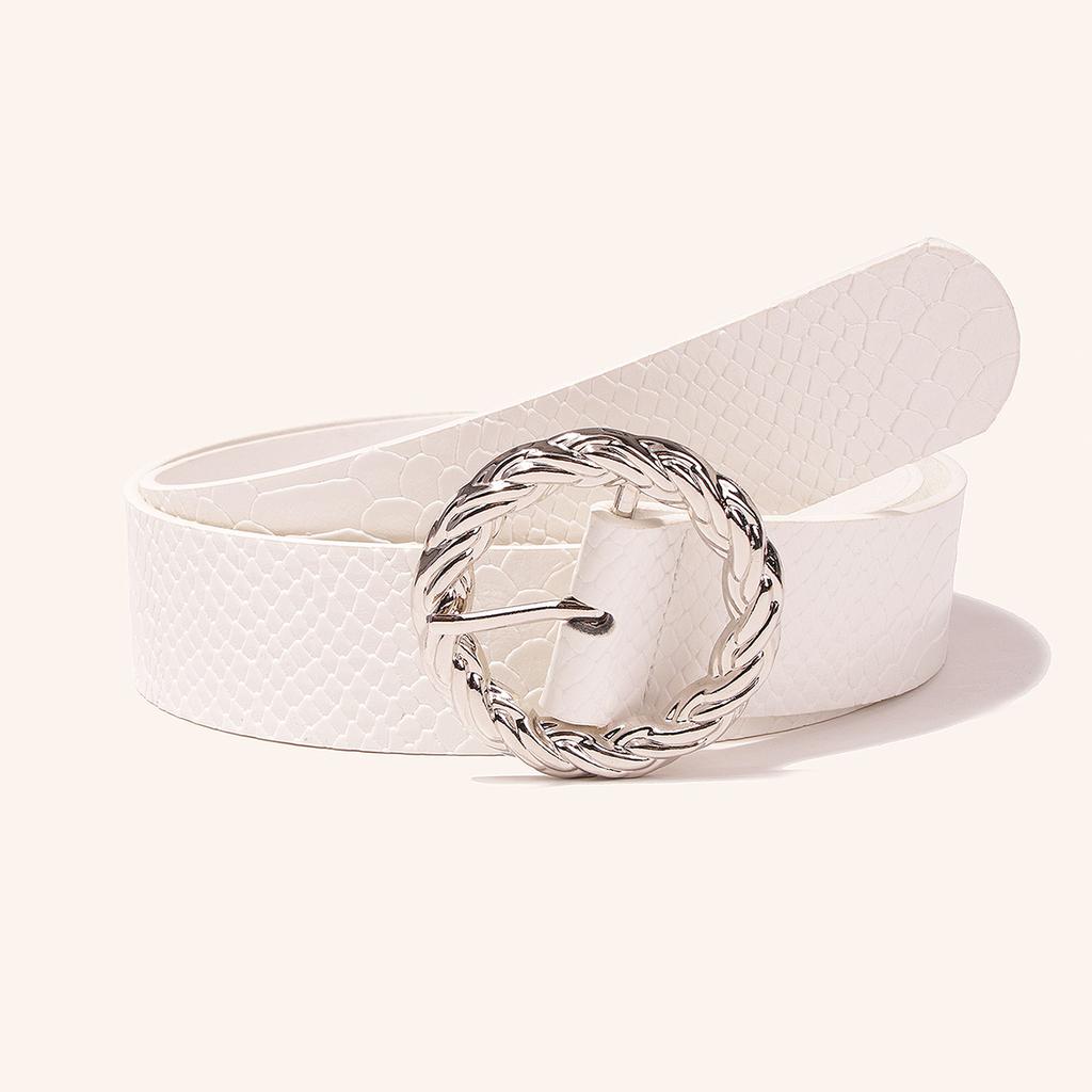 All-match Women's Belt Snake Pattern Round Buckle Brown Black White PU Belt Large Size Women's Belt One Size Women's Belt