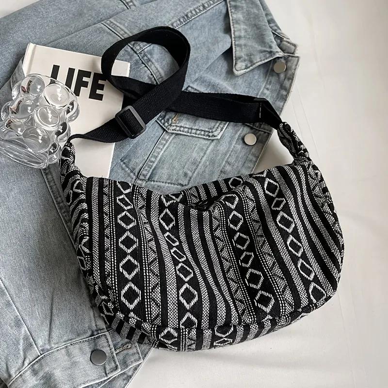Borsa a tracolla stile tribale, Pieghevole a tracolla con chiusura a zip, Fantasia a righe, Tema bandiera Fodera bordata dipinta Lavabile a mano