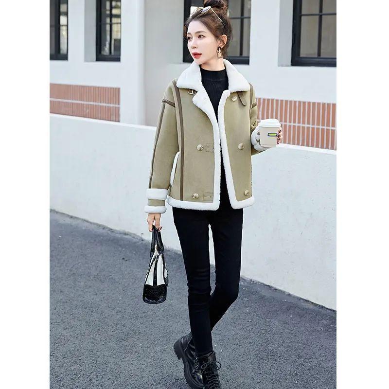 Deerskin fleece fur integrated lamb wool jacket women's short new autumn and winter thickened lamb wool locomotive clothing tide