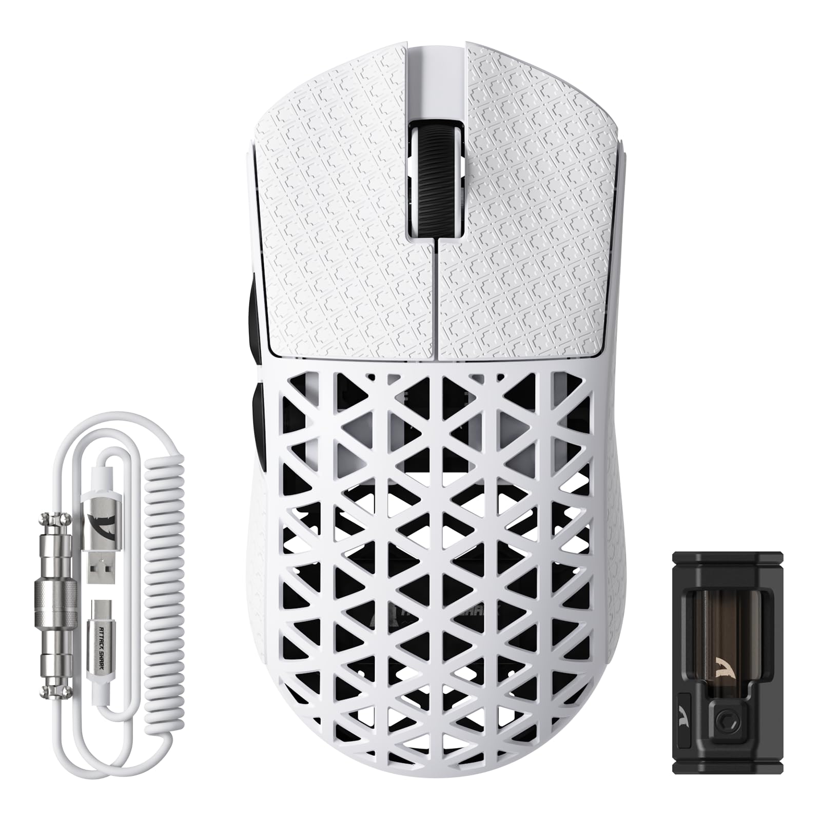 

ATTACK SHARK R5Ultra Shadowless Carbon Fiber Wireless Gaming at PAW3950MAX Wireless Nordic52840 Mouse with Coiled Cable and Grip Tape Mouse, білий