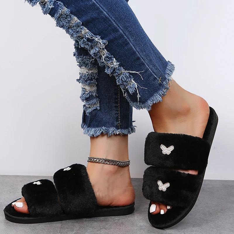 Fashion Stylish Thicken Plush Flat Slippers for Women House Bow Knot Decor Flat Slippers Woman Winter Non Slip Comfort Sandals Female