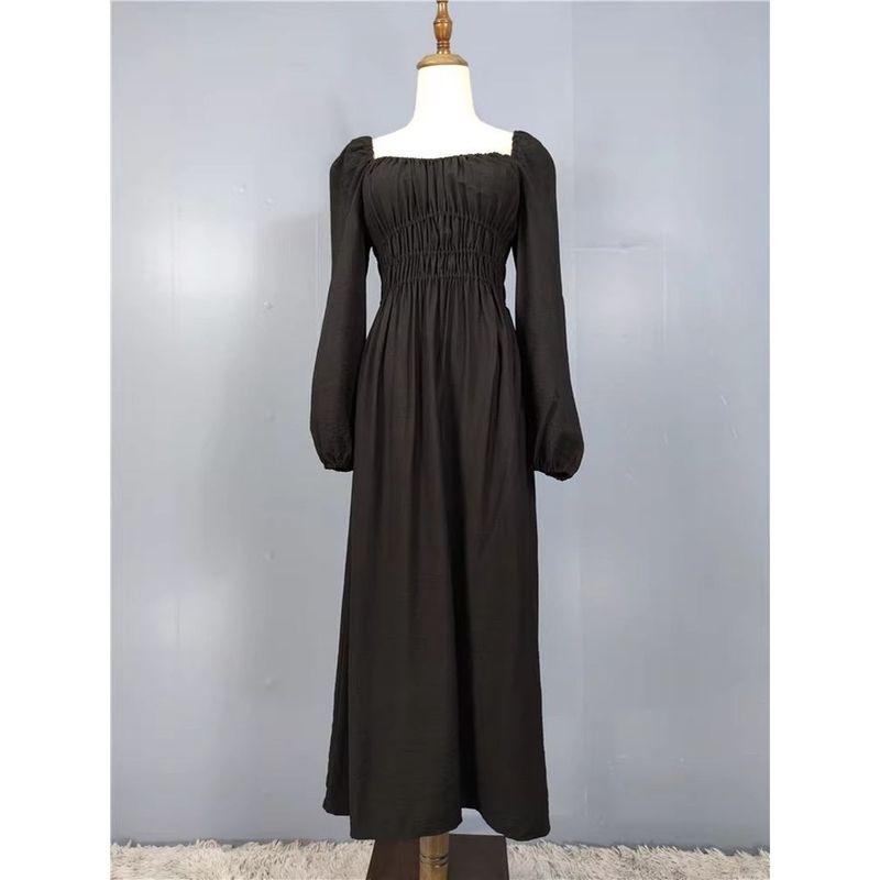 Foreign Trade Order H Home Autumn New Square Collar Stretch Wrap-around Waist Hugging Expose Clavicle Lady Joker Leisure Dress Women