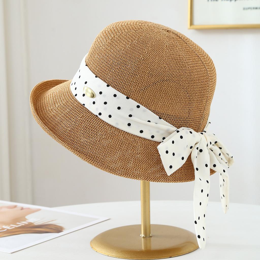 New polka bow summer straw hat adult women, makes face look smaller,-shading and-protective beach hat