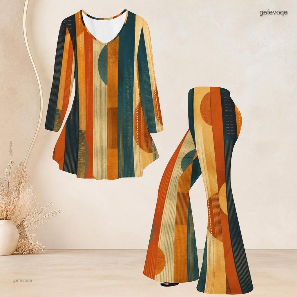 Women Plus Size Round Neck Three Quarter Sleeve Printed Flared Top Flared Pants Two Piece Set