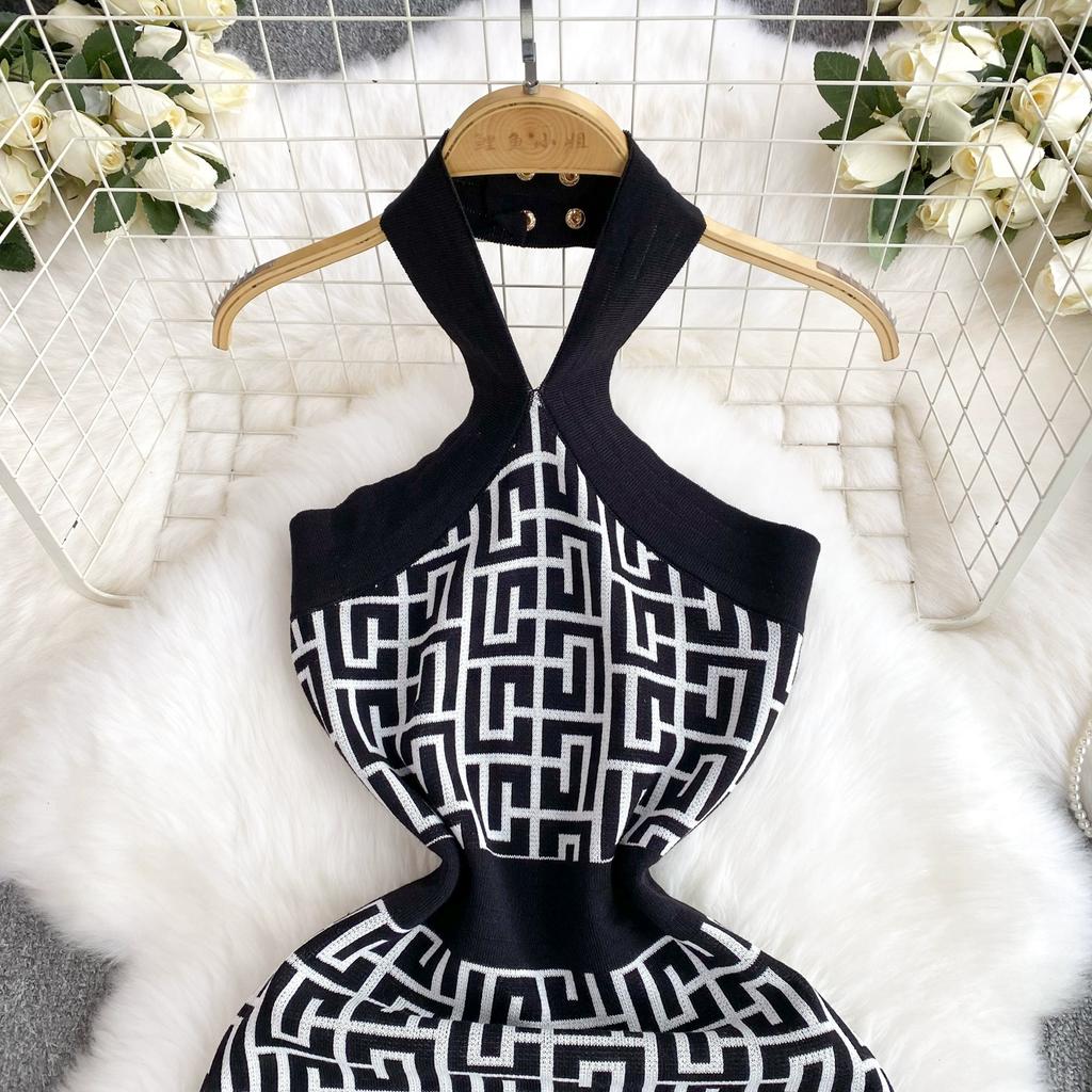 Sommer Frauen Marke Designer Sexy Halter Mini Kurze Strick Pullover Mantel Club Party Kleider