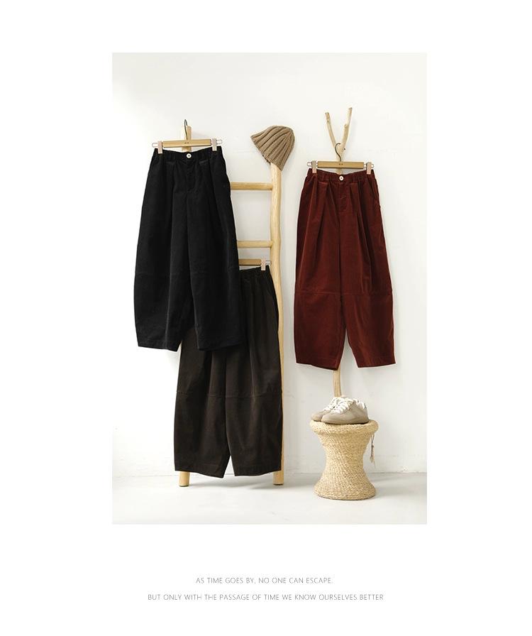 Retro Corduroy Lantern Pants with Ribbed Texture - Literary Style