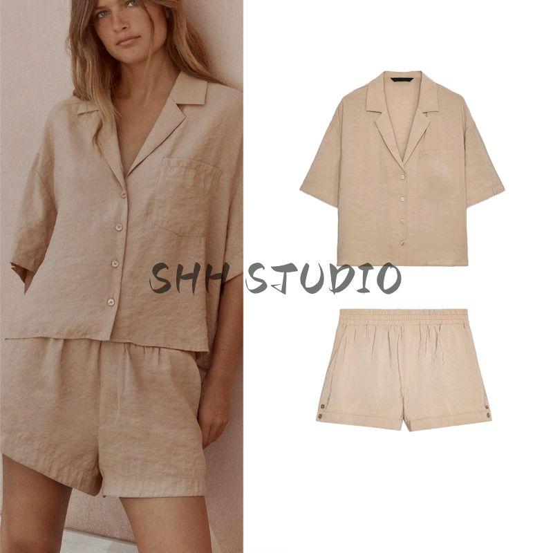 Paste Pocket Decoration Short sleeve Vertical V-neck Shirts 3718119 Mini Vertical Comfortable Mid Waist Shorts 3067431