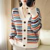 Women's Retro Striped V-Neck Cardigan - Thick Knitted Jacquard Sweater for Spring