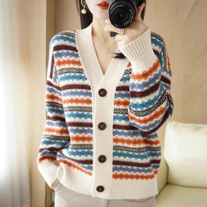 Women's Retro Striped V-Neck Cardigan - Thick Knitted Jacquard Sweater for Spring