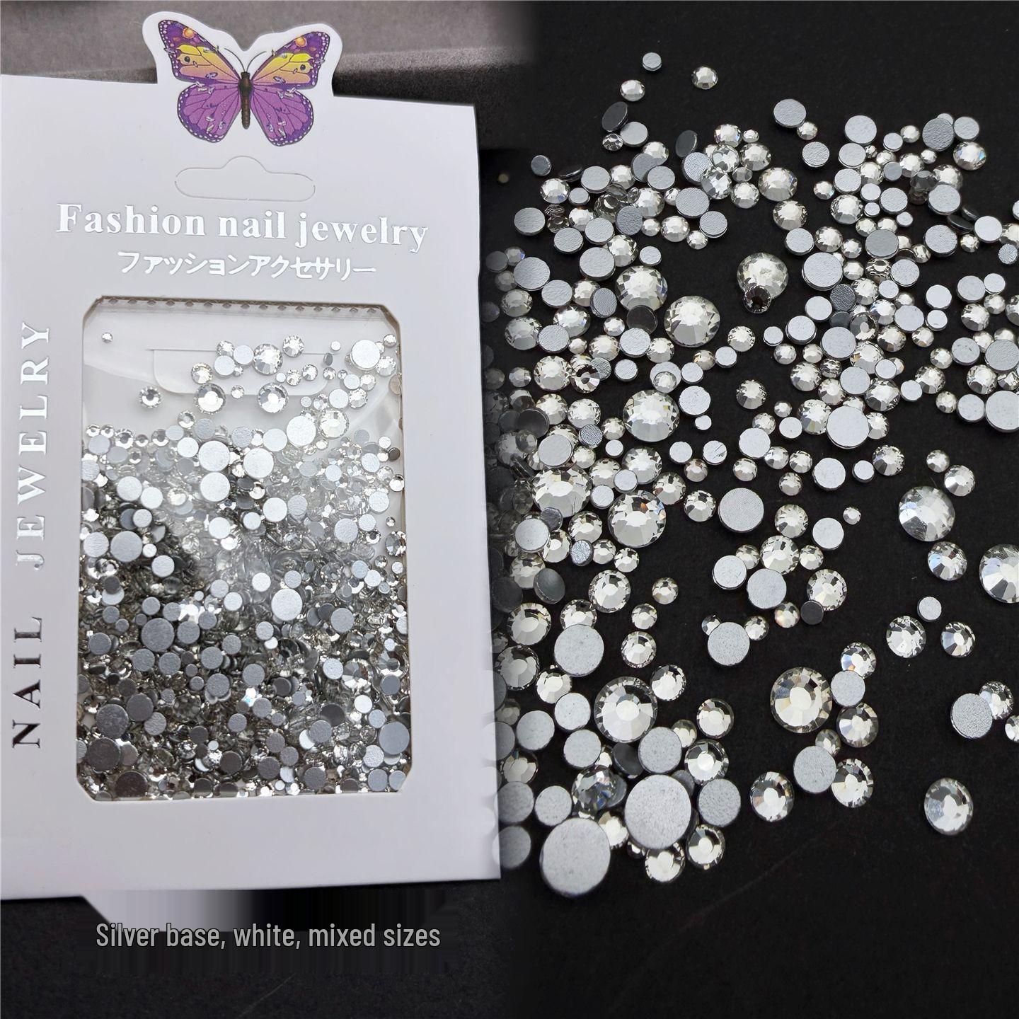 Assorted Flat-Back Rhinestones for Nail Art: White, Gold, Silver-White AB, Champagne Glass Gems