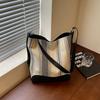 Women's Striped Bucket Bag with Leather Bottom Large Capacity Shoulder Handbag for Daily