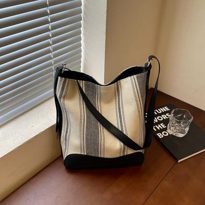 Women's Striped Bucket Bag with Leather Bottom Large Capacity Shoulder Handbag for Daily