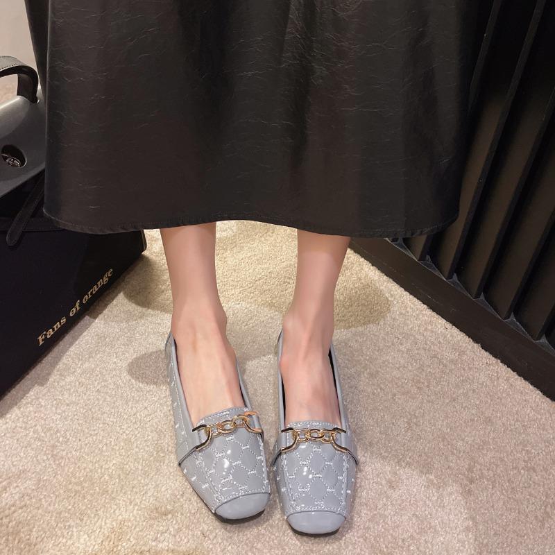 Women's Low Heel Shoes Fall New Square Head Shallow Mouth Metal Chain Soft Sole Anti-slip Wear-resistant Flat Shoes
