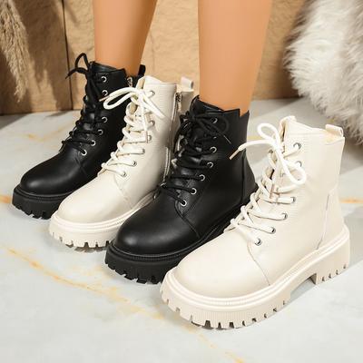 Fashion Winter Warm Short Plush Ankle Boots Women Fashion Zip Lace Up Platform Combat Boots Woman Comfy Low Heels Shoes Zapatos De Mujer