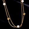 Gold Plated Pearl Station Chain Necklace, Stainless Steel Double Layer Beaded Choker, Waterproof Dainty Jewelry for Women Gift
