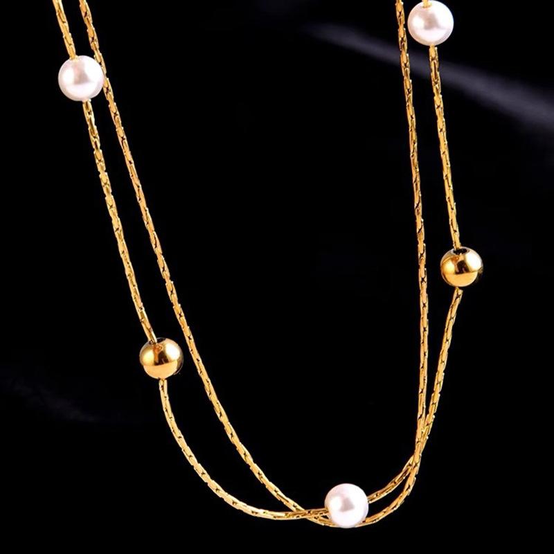 Gold Plated Pearl Station Chain Necklace, Stainless Steel Double Layer Beaded Choker, Waterproof Dainty Jewelry for Women Gift