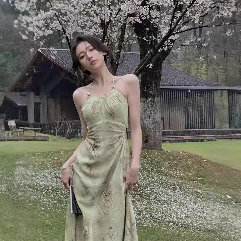 2024 Summer Halterneck Camisole Dress: Women's Elegant Cut-Out Waist Long Dress
