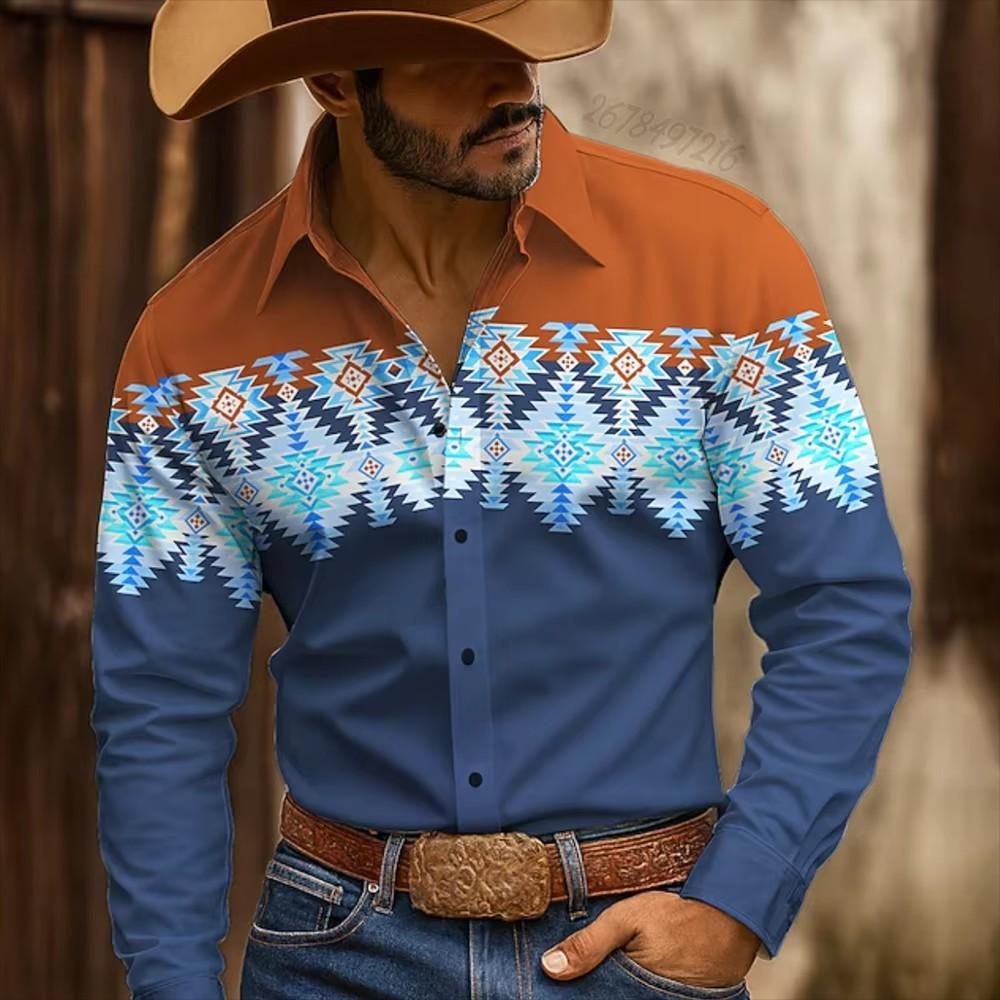 Autumn Winter New Men Clothes Ethnic Tribal Style 3D Digital Print Long Sleeve Shirt Tops Men Lapel Shirt