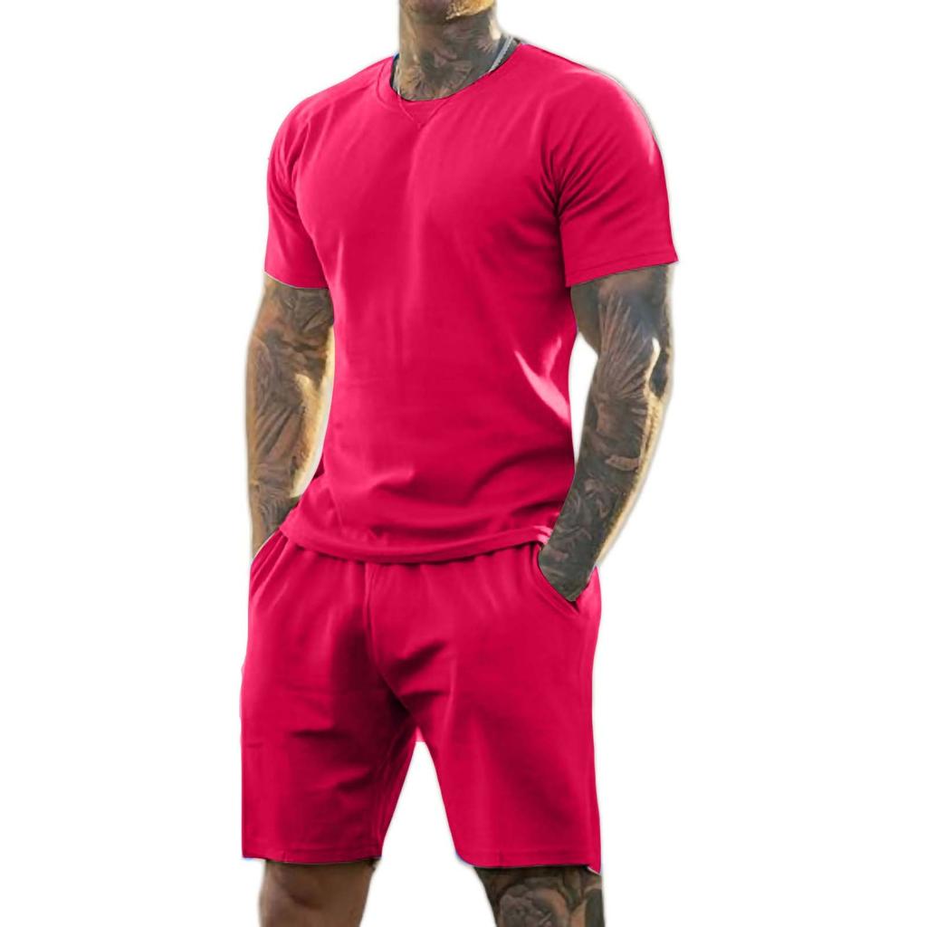 Men's Solid Color Shoulder Short Sleeved Shorts Breathable Men's Casual 2-piece Set