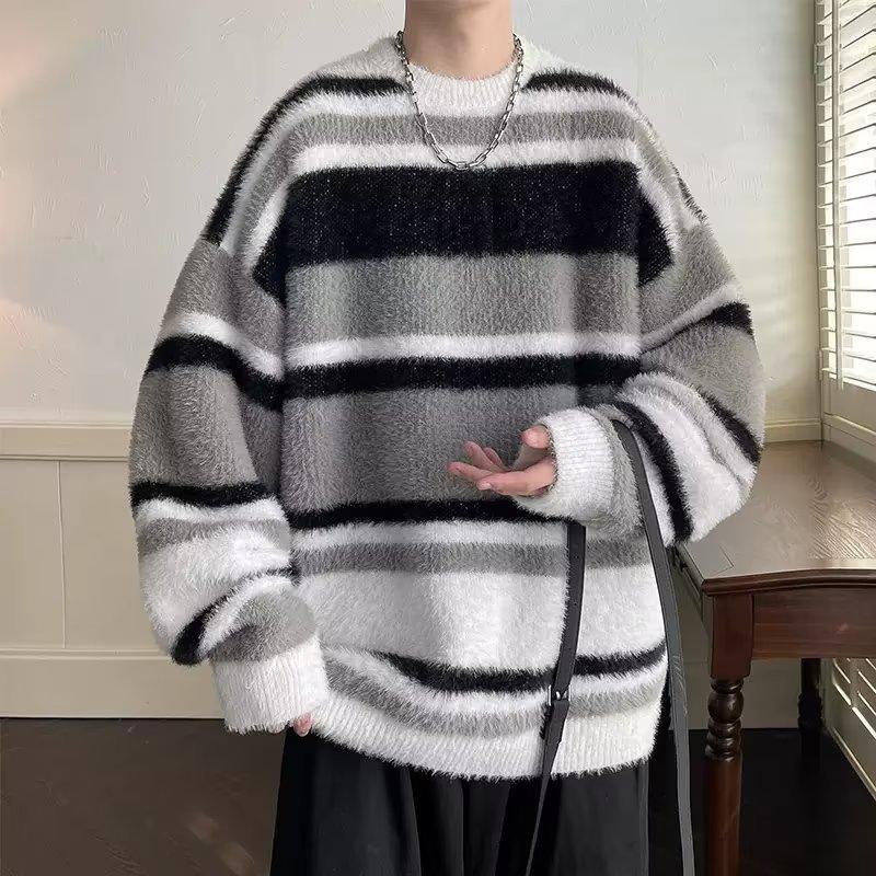

Soft Waxy Warm Sweater for Boys Loose and Lazy Trendy Brand Striped Crew Neck Thread Coat Autumn and Winter Advanced Sense Knitted Sweater M чорний