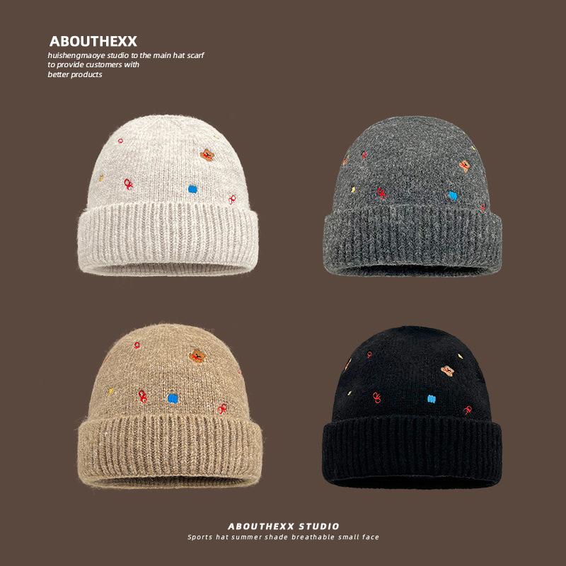 Embroidered Wool Hat for Women In Autumn and Winter Korean Version of Warm Knitted Hat Showing Face Small Ear Protection Bag Head Cold Hat for Men