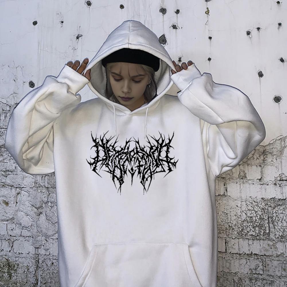 Fall Winter Unisex Hoodie Drawstring Elastic Cuff Thorn Print Thick Fleece Patch Pocket Loose Long Sleeves Pullover Warm Top