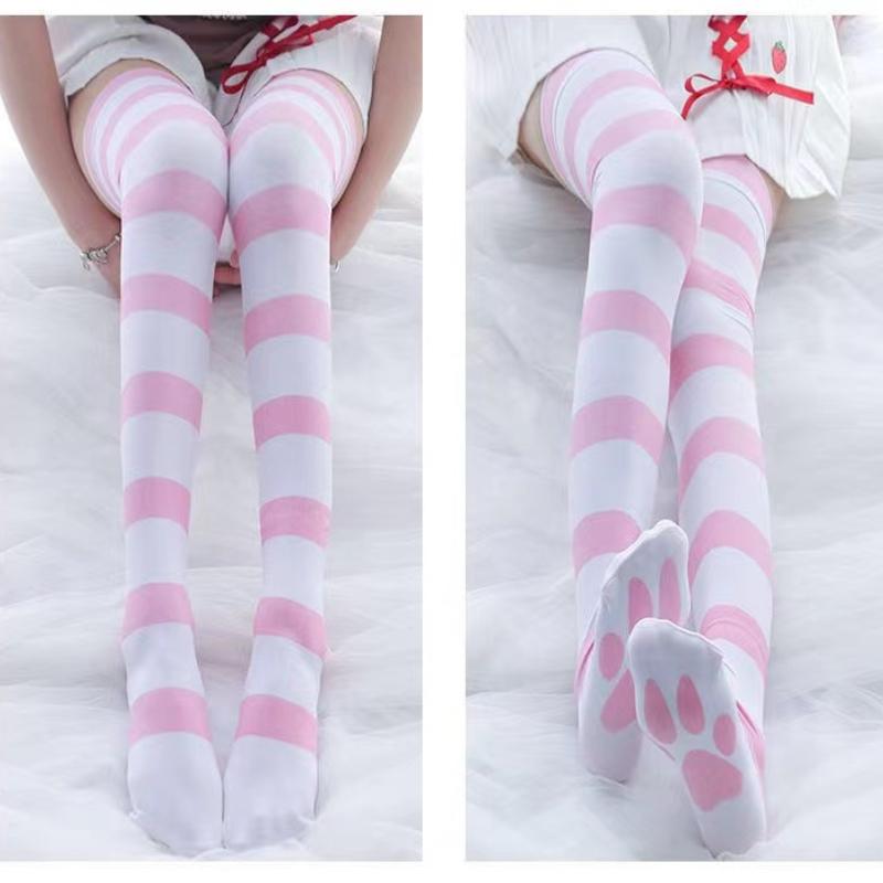 Lolita Overknee-Socken, rosa Streifen, Kawaii-Katzenpfoten-Print-Strümpfe, Lolita-Gothic-Samt-Overknee-Oberschenkel-hohe JK-lange Strümpfe
