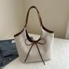Korean Style Patchwork Canvas Tote Bag Fashion Commuter Handbag with Bow Tie Strap Casual Large Capacity Shoulder Purse CLE