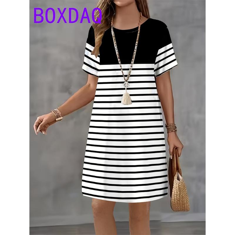Classic Retro Striped Print Women Dresses Summer Casual Fashion Dress Short Sleeve O-Neck Loose A-Line Dress Women Sundress