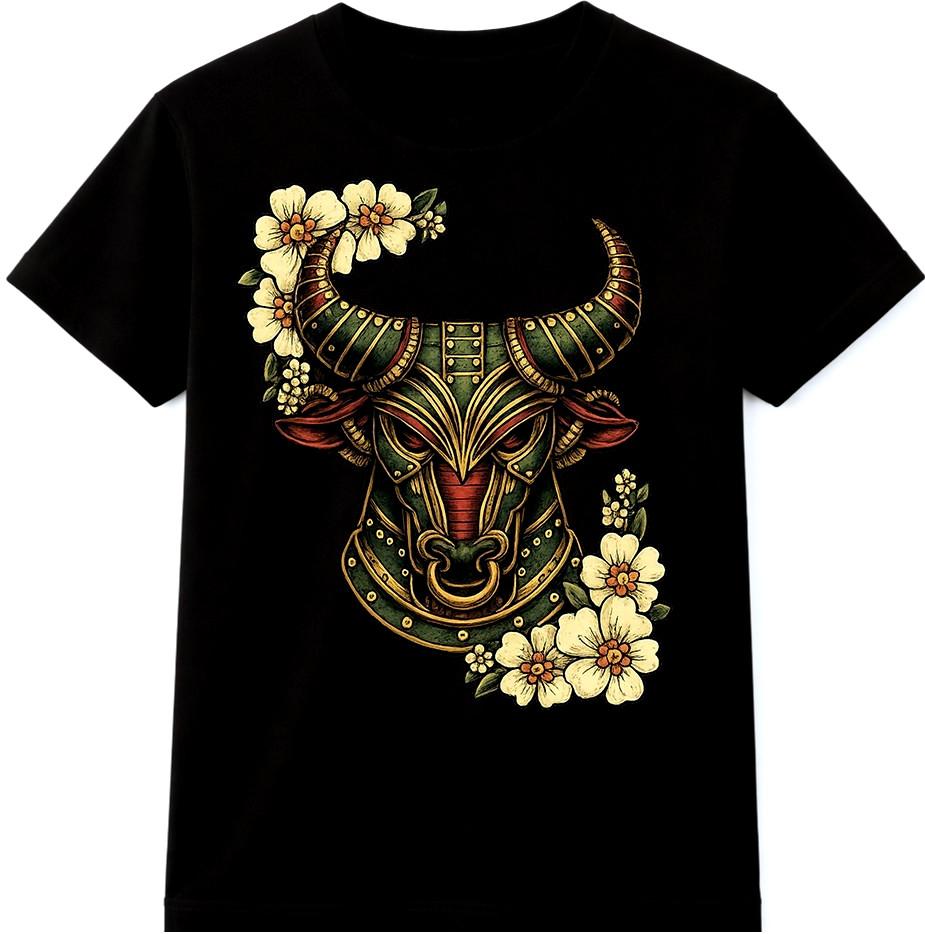 Bull Head Floral T Shirt Animal Tattoo Style Graphic Tee S разноцветный