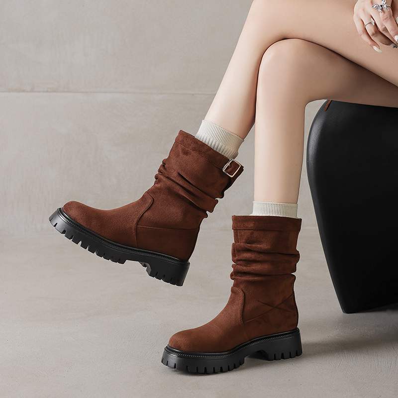

Krazing Pot Зимние модные женские сапоги из флока с круглым носком и средним каблуком, элегантные женские сапоги до середины икры в стиле ретро с металлической пряжкой 43 коричневый