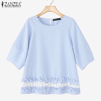 Women Casual Round Neck Loose Short Sleeve Stripe Blouse