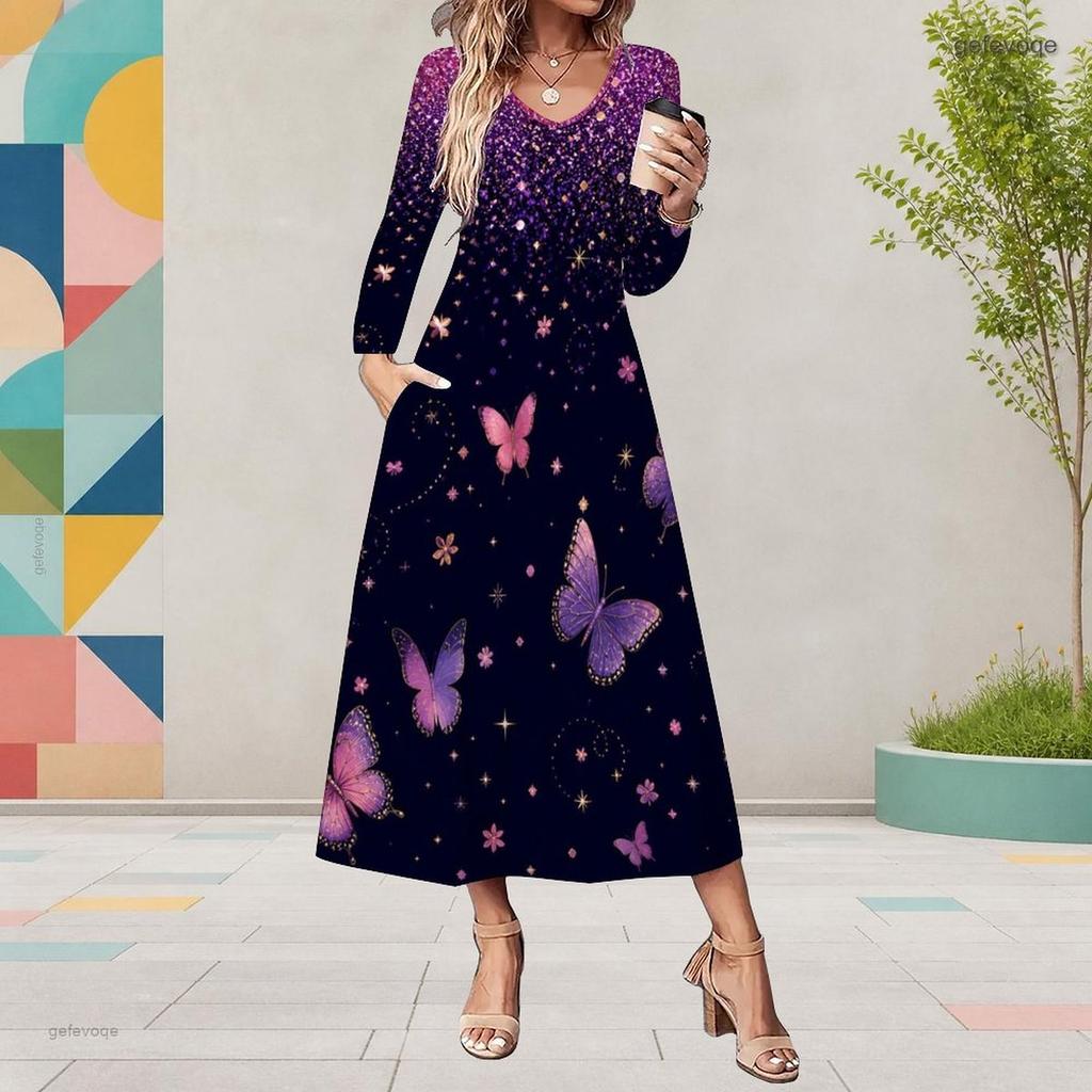 Women Plus Size V Neck Long Sleeve Purple Butterfly Print A Line Midi Dress With Pockets
