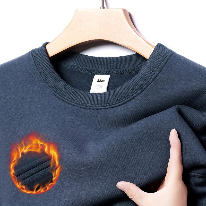 Herren Schwergewicht Baumwoll Hoodie 420g: Winter Einfarbige, Lockere Drop-Shoulder, Rundhals, Mit Samt gefütterte, Langarm Basisschicht