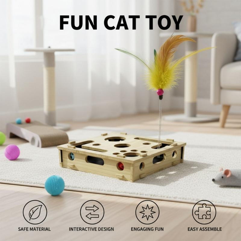 Wooden Interactive Scratch Puzzle Cats Enrichment Toy with 3 Bells Ball for Exploration Scratching Playful Entertainmen