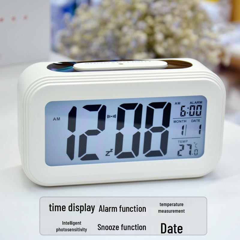 Детский бесшумный будильник со светочувствительным LED-дисплеем, большим цифровым дисплеем и ночным светом для школьников Chinese Version белый