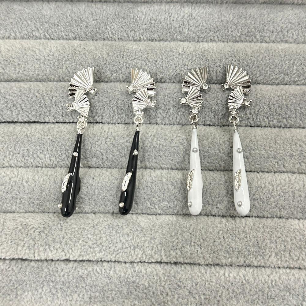 Retro Chinese Style Inlay Zircon Sliver Color Fan Black Water Droplet Long Tassel Dangle Earrings for Women Temperament Jewelry