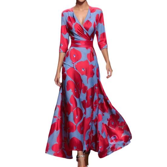 Fall Spring Maxi Dress Cross V Neck Three Quarter Sleeves Colorful Print A-line Big Swing Slim Waist Dating Shopping Banquet Long Dress