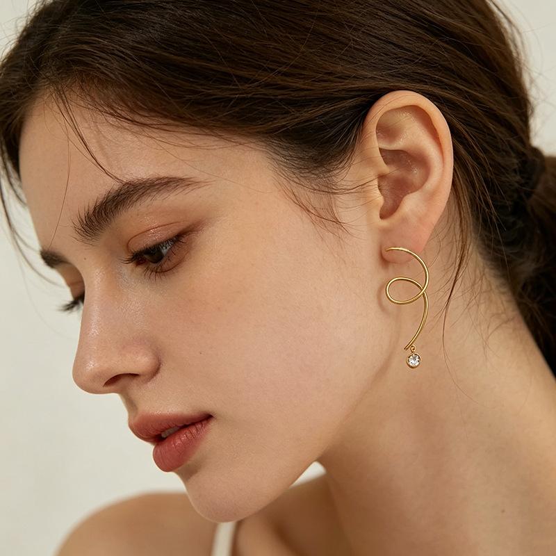 Stainless Steel Asymmetrical Diamond-encrusted Stud Earrings with Geometric Curves