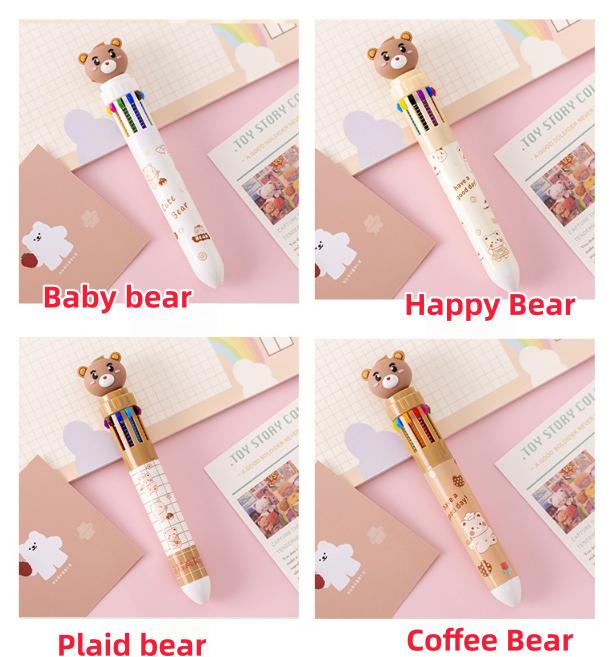 Bear 10 Color Ballpoint Pen, Cute Cartoon Push Button Multicolor Pen, Student School Supplies for Writing Drawing Gift for Kids