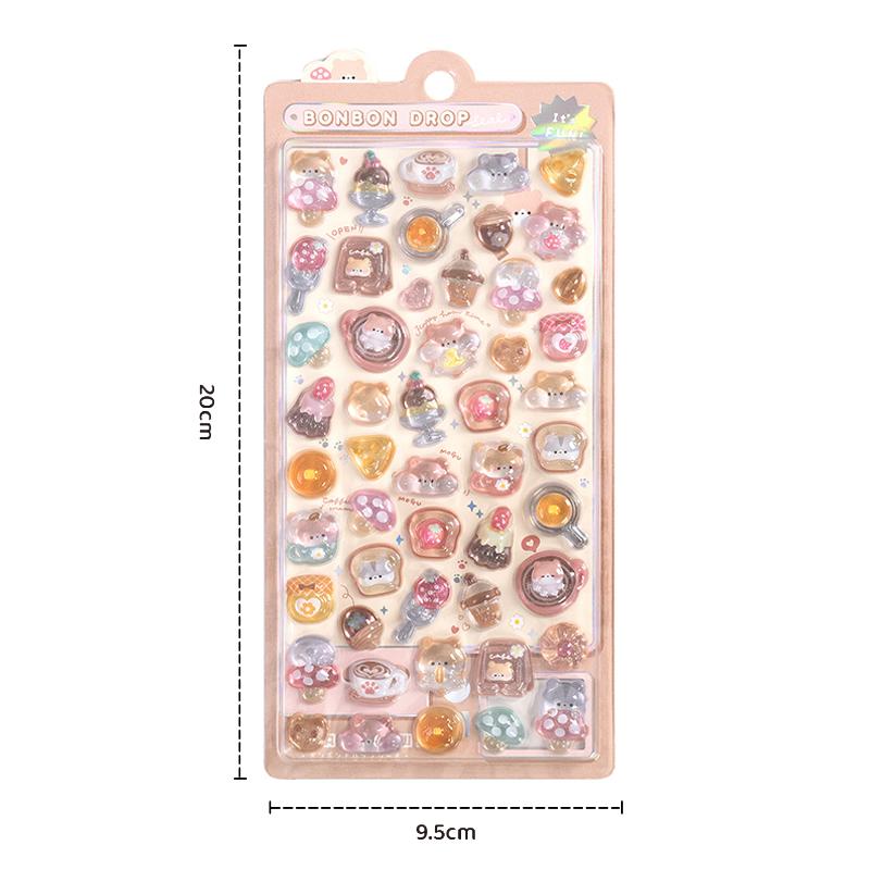 6 Sheets Funny Bear Dinosaur Rabbit 3D Relief Stickers Scrapbooking Diy Diary Decor Journaling Stationery Kawaii Donut Decals