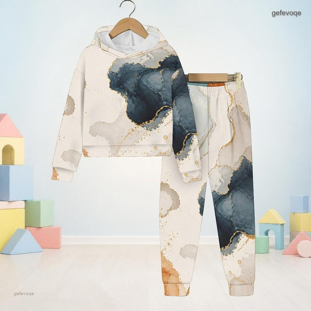 Kids Boys Girls Abstract Printed Hooded Long Sleeve Sweatshirt Cuffed Pants Two Piece Set