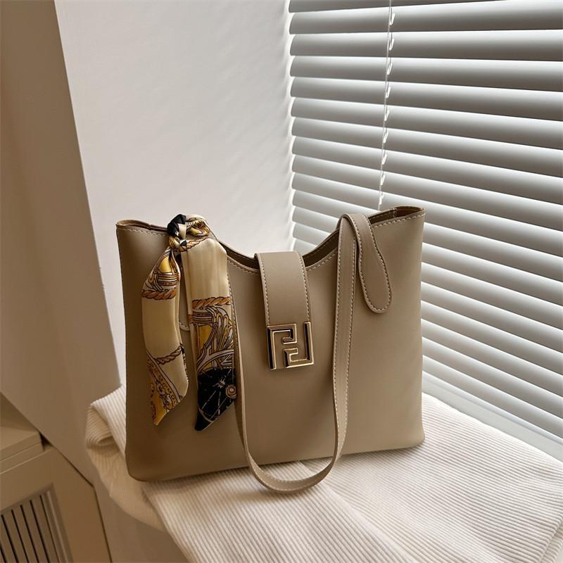 Capacity Large Simple Shoulder Bag With Solid Color Design And Decoration Scarf